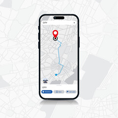 Smartphone Map App with GPS Navigation and Red Marker Pin Point on Screen. Vector Illustration of App Search on Line Maps Background