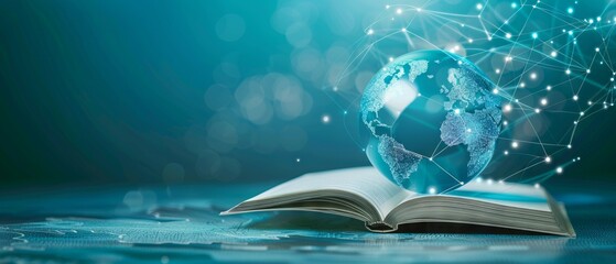 futuristic global education with open book and globe map on blue background. world book day. interna