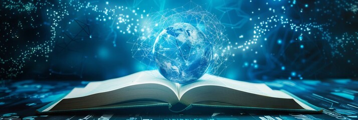 Futuristic global education with open book and planet map on blue background. World book day. International Literacy Day