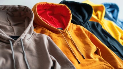 Wall Mural - Hoodies of different colors placed in a row on white background