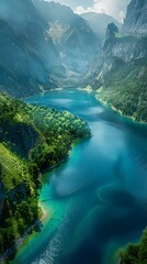 Wall Mural - Breathtaking aerial view of a serene mountain lake surrounded by lush greenery