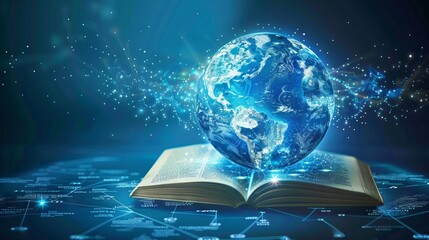 Wall Mural - Futuristic global education with open book and planet map on blue background. World book day. International Literacy Day