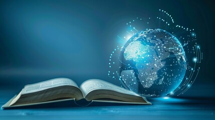 Futuristic global education with open book and planet map on blue background. World book day. International Literacy Day