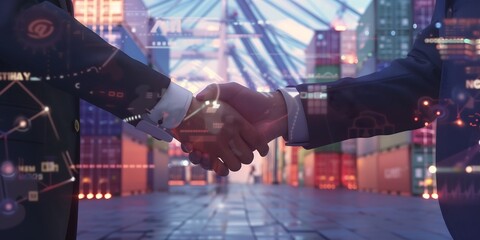 Wall Mural - Businessmen shaking hands with digital elements and global trade icons floating in the background, symbolizing collaboration for cargo transportation services