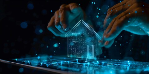 Digital technology real estate concept with a businessman's hand using a tablet computer and a house model icon as a hologram on a black background for a web banner