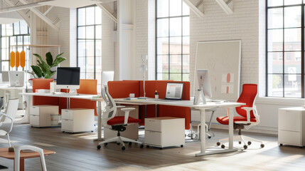 Wall Mural - A large open office space with white walls and orange cubicles