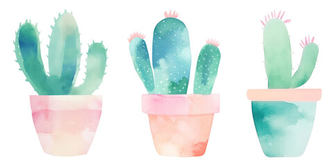 Canvas Print - Watercolor cactus in pots set