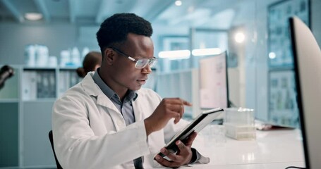 Sticker - Science, reading and man with tablet in laboratory for medical research, microscope data and analysis. Healthcare, black person at night with digital for biotechnology, check or typing results