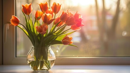Wall Mural - A vase of bright orange tulips on a windowsill, with sunlight streaming through, emphasizing warmth and vibrancy. --ar 16:9 --style raw Job ID: 27d53cef-1c58-4c22-8fd6-2b856d489436