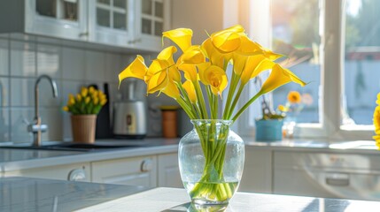 Sticker - A vase of yellow calla lilies on a bright kitchen counter, with modern decor, highlighting cheerful and stylish atmosphere. --ar 16:9 --style raw Job ID: c2141530-16ee-44df-b018-1b7055de6ef2