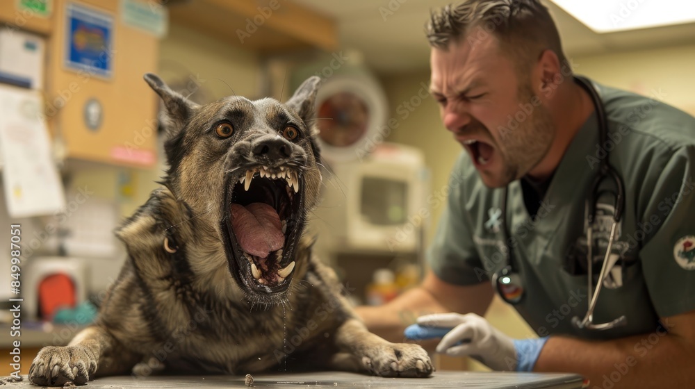 A veterinarian dealing with an aggressive animal, with visible signs of ...