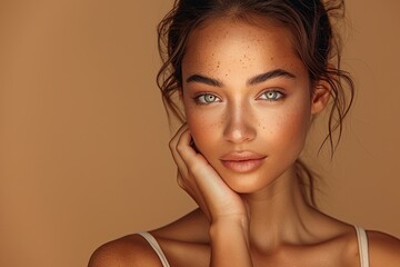 A beautiful woman with her hand touching the side of her face, wearing a light beige sleeveless top, posing for a beauty commercial in a studio setting against a brown background