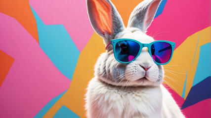 Cute BUNNY wearing sunglasses in whimsical fantasy creative setting, colorful illustration psychedelic wonder and joy with animals pets