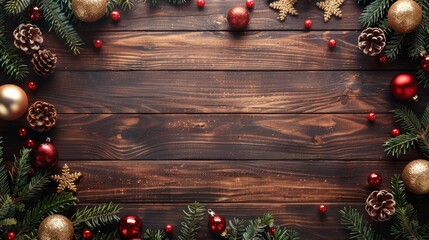 Christmas wooden table background, top down view, ample copy space for text, holiday ornaments scattered, perfect for banners and ads