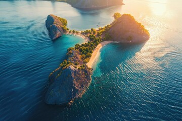 Wall Mural - Aerial view of a stunning tropical island with clear blue waters, lush vegetation, and pristine beaches under a sunny sky.