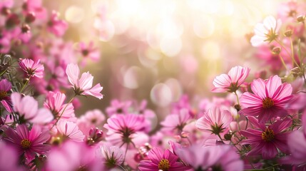 Wall Mural - Array of pink flowers framing a blank area, ready for text or greeting card design, natural light enhancing the softness, bright and cheerful