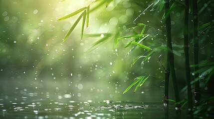 Poster - Serene bamboo forest with raindrops falling gently, creating a peaceful atmosphere in nature. Perfect for relaxation and meditation themes.