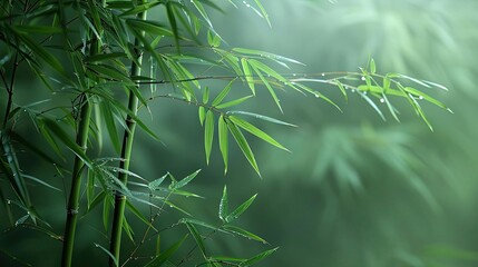 Poster - Serene image of lush green bamboo leaves in a misty forest, highlighting the calming beauty of nature.