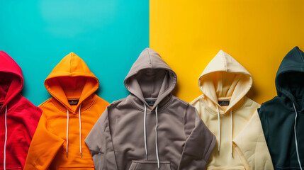 hooded sweatshirts on yellow and blue background 