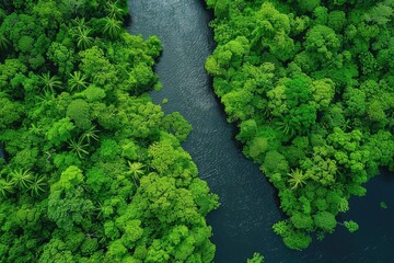 Wall Mural - Aerial view of a lush green rainforest with dense trees surrounding a winding river, showcasing the beauty of nature and pristine wilderness.