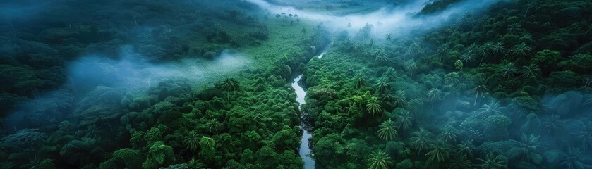 Wall Mural - Aerial view of a dense, misty rainforest with a winding river cutting through lush greenery, enveloped in fog creating a sense of mystery and serenity.