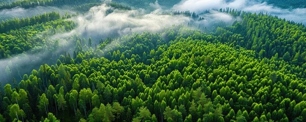 Wall Mural - Aerial view of a lush green forest covered with morning mist, showcasing the beauty of nature and the tranquility of the wilderness.