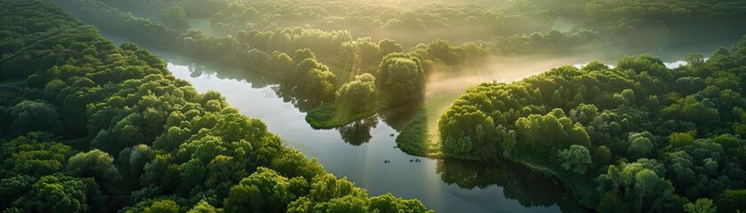 Wall Mural - Aerial view of a serene river flowing through lush green forest with sunlight filtering through trees, creating a tranquil landscape.