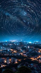 Wall Mural - Long exposure photograph of a beautiful cityscape with stunning star trails at night