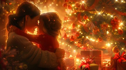 family, winter holidays and people concept - happy mother and little daughter decorating christmas tree at home. 