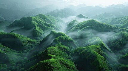 Breathtaking aerial view of green mountains shrouded in mist, showcasing natural beauty and tranquility of lush forest scenery.