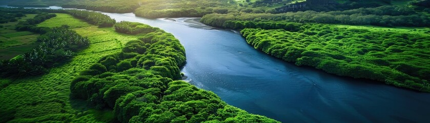 Wall Mural - Aerial view of a serene river flowing through lush green forests in a beautiful landscape bathed in sunlight.