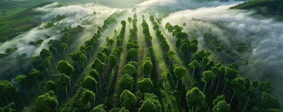 A breathtaking aerial view of a lush green forest with dense trees shrouded in mist and clouds under the bright morning light.
