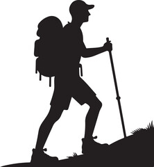 man with backpack and walking stick, adventure on mountain silhouette vector art