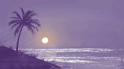Wall Mural - A minimalist design with a monochromatic violet background, featuring a single palm tree and a sun setting at the horizon, with subtle white brush strokes for a calm, tranquil summer evening.