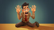© ChimE - Humorous cartoon illustration of distressed man in need of assistance, with copy space available.