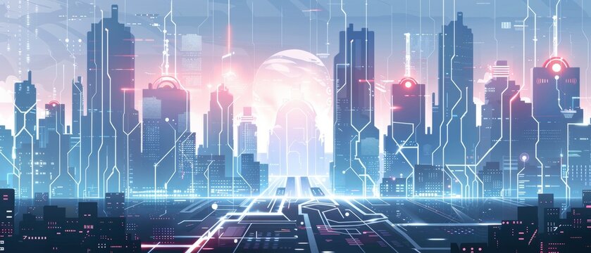 Modern futuristic digital circuit city building background.