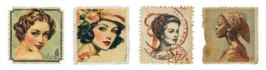 Poster - Vintage portrait postage stamps png set