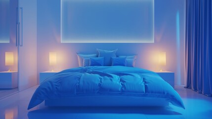 Cozy blue boys bed with matching pillows, illuminated by two sleek bedside lamps, in a bright white minimalistic bedroom