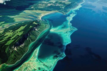 Wall Mural - Stunning aerial view of a tropical coastline with turquoise waters, lush green landscapes, and a vibrant coral reef. Perfect for travel and nature themes.