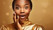 © Kyeema Mizell - black woman with a surprise expression on her face, braids hair, gold theme, close-up, hand on face