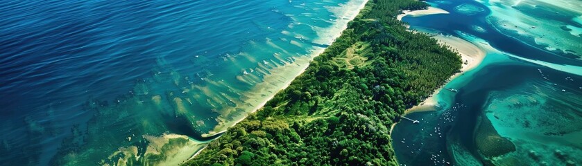 Sticker - A stunning aerial view of a lush, green island surrounded by crystal-clear blue ocean waters, showcasing natural beauty and tropical scenery.