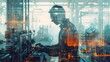 © Sunshine - Silhouette of Engineer Working on Machinery in High-Tech Industrial Environment with Digital Overlay Representing Innovation and Technology