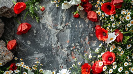 Wall Mural - Memorial day background concept, flowers and gravestone with copy space