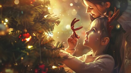 family, winter holidays and people concept - happy mother and little daughter decorating christmas tree at home. 