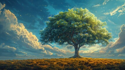Majestic tree under a vibrant sky with fluffy clouds, evoking serenity and natural beauty in a peaceful landscape.