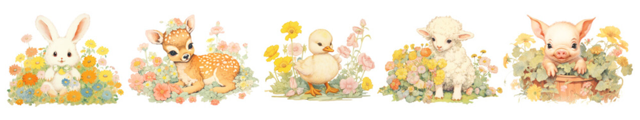 Wall Mural - PNG Cute animals with floral backgrounds set