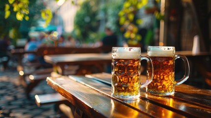 Two mugs of beer on a wooden table against the background of an outdoor cafe.An alcoholic drink at a party, vacation or birthday party.