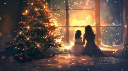 family, winter holidays and people concept - happy mother and little daughter decorating christmas tree at home. 