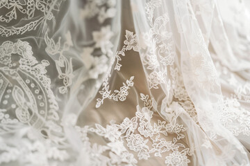 Wall Mural - Intricate White Lace Fabric: Delicate Bridal Patterns - Close-Up Detail, Minimal Background - Elegant Wedding Design - Exquisite Bridal Textures - High-Quality Lace Photography