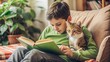 © Mari - A serene image of a boy reading a book with a cat curled up on his lap, showcasing their calm and cozy companionship.